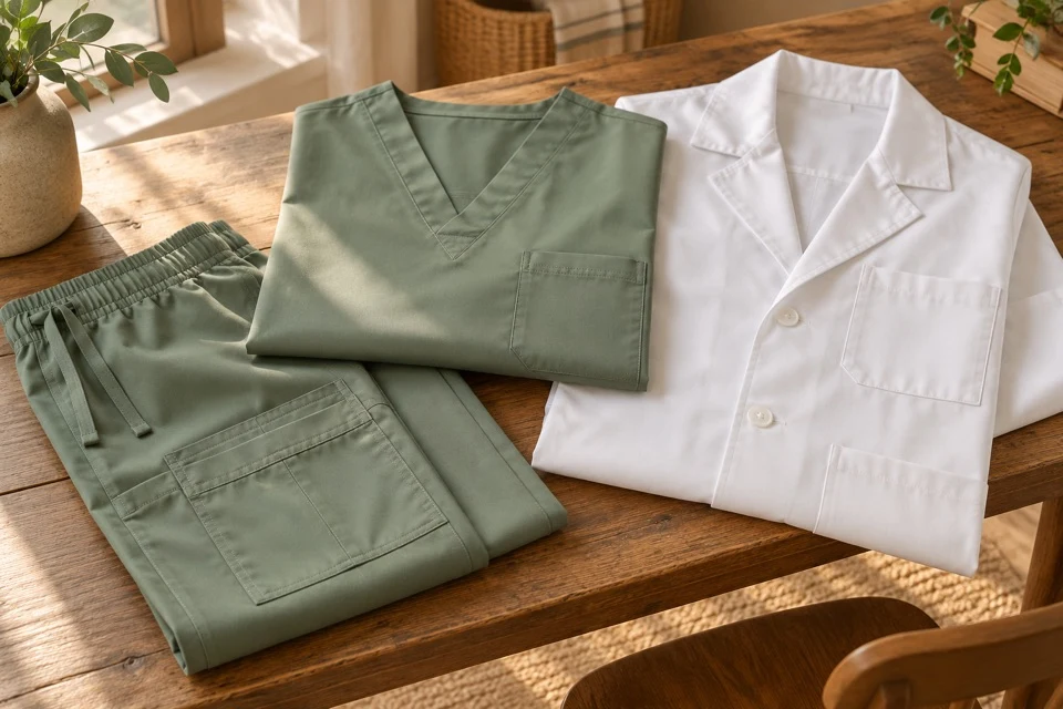 Conjunto clínico verde suave e bata branca sobre uma mesa de madeira
